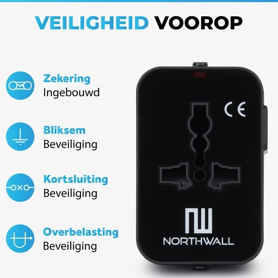 Northwall Universele Wereldstekker met 2 Fast Charge USB Poorten - Internationale Reisstekker voor 150+ Landen - Engeland, Amerika, Zuid Afrika, USA, Italië, Uk, Australië, India, ...