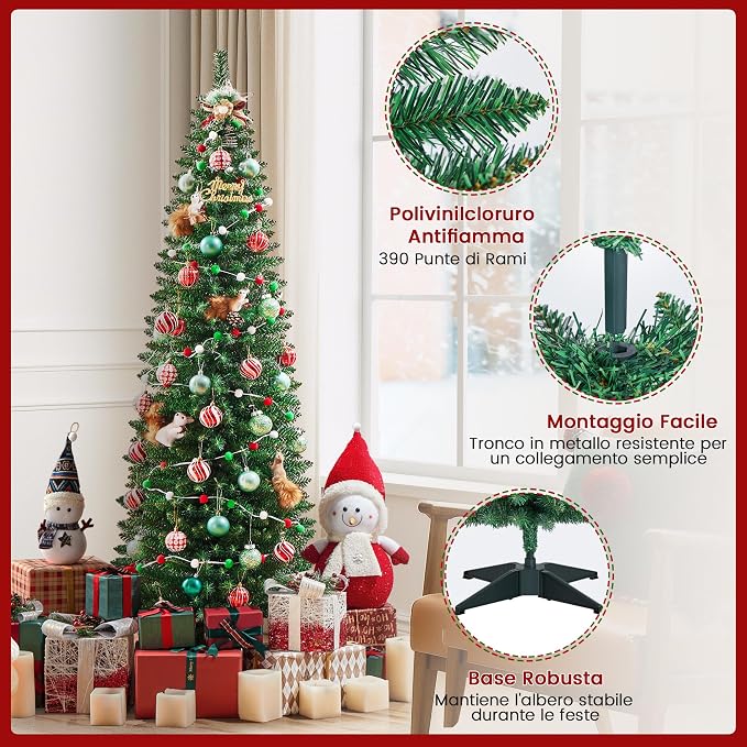 Yaheetech Kunstkerstboom Slank 183 cm - Groen - 390 Tips met Standaard