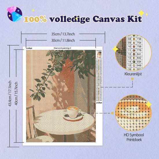 Rubye® Diamond Painting – Diamond Painting Volwassenen – Diamond Painting Kinderen – Diamond Painting Pakket Volledig – Koffie Terrasje – 30x40cm