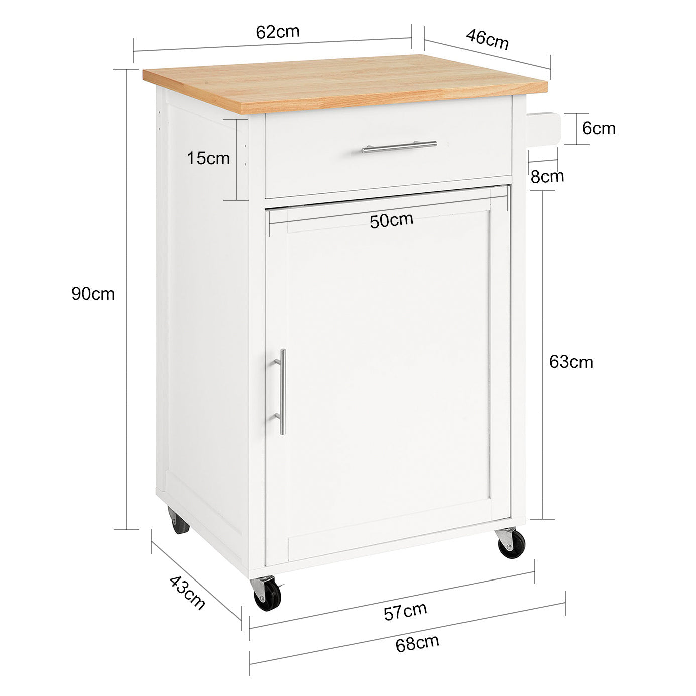 SoBuy Keukenwagen met werkblad - Met deur en lade - Max. 45KG - 68 x 46 x 90 cm - Wit