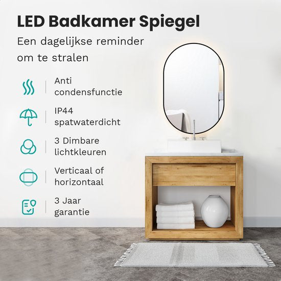 Mirlux Badkamerspiegel Ovaal 90x60 cm – LED Verlichting & Verwarming – Anti-Condens Douchespiegel – Zwart