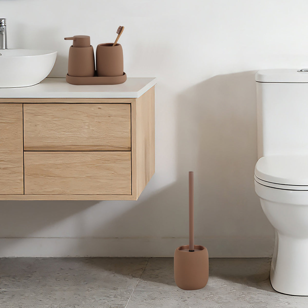Furnihaus Keramische Badset 4-Delig – Bruin Met Rubber Coating – Stoneware Badkamer Accessoires