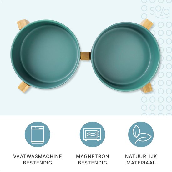 Voerbak Kat en Hond Keramiek - Voerbakken Dubbel met Standaard - Drinkbak - 2x 400 mL - Groen Mat
