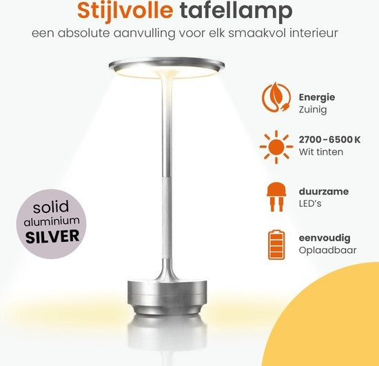 Goliving Tafellamp Oplaadbaar – Draadloos en dimbaar – Moderne touch lamp – Nachtlamp Slaapkamer – Spatwaterbestendig – 27 cm – Zilver