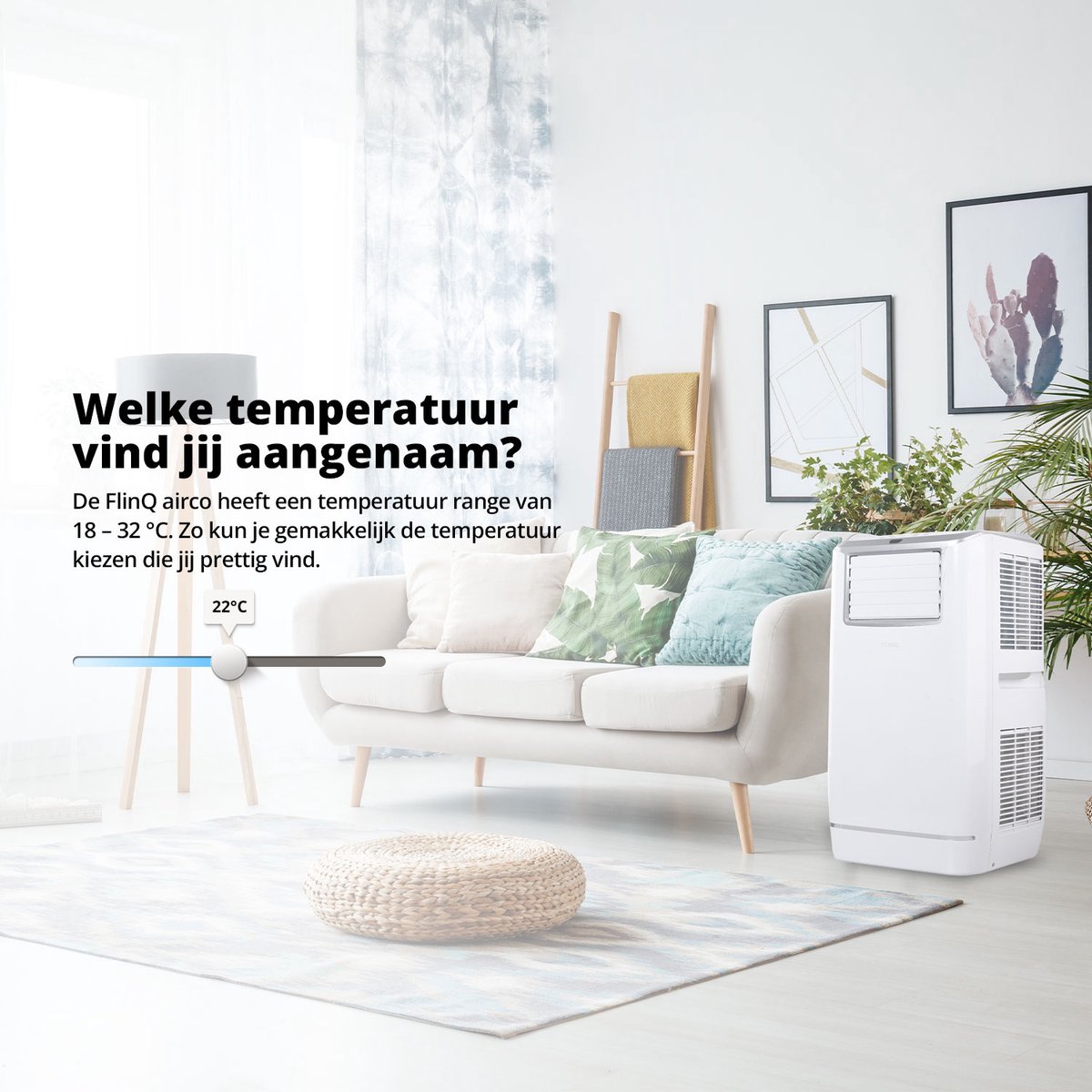 FlinQ Slimme Mobiele Airco Met Afvoerslang - 13.000 BTU - Stille Slaapfunctie - Verkoelt tot 50m2 - Met App en Afstandsbediening - 41.5 x 41.8 x 79 cm - Wit