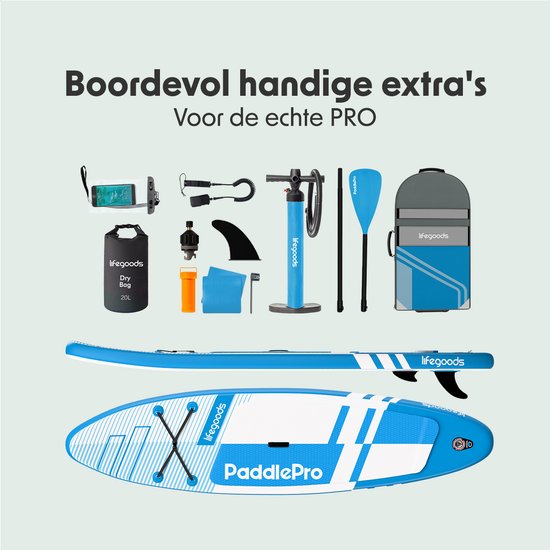 LifeGoods PaddlePro SUP Board Pro - Pro Set - Opblaasbaar Paddle Board - Max. 150KG - 320x81cm - Sky Blue
