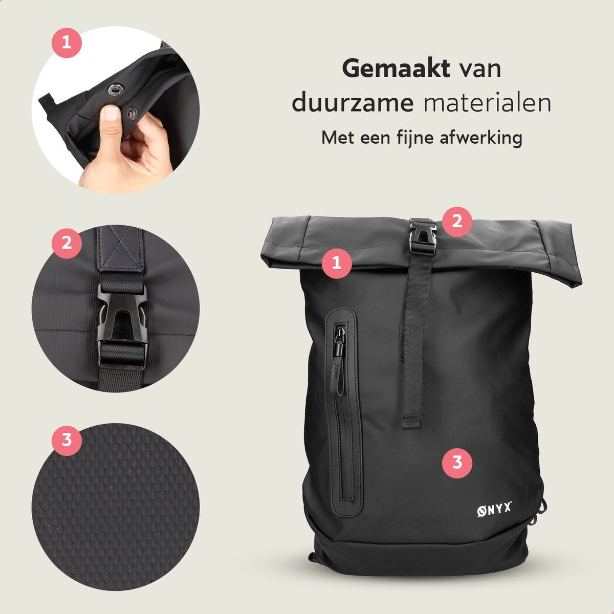 ONYX Rolltop Rugzak 25 tot 40 L - Met Laptopvak - Verstelbare Rugtas - Reistas - Waterbestendig en Duurzaam - Zwart