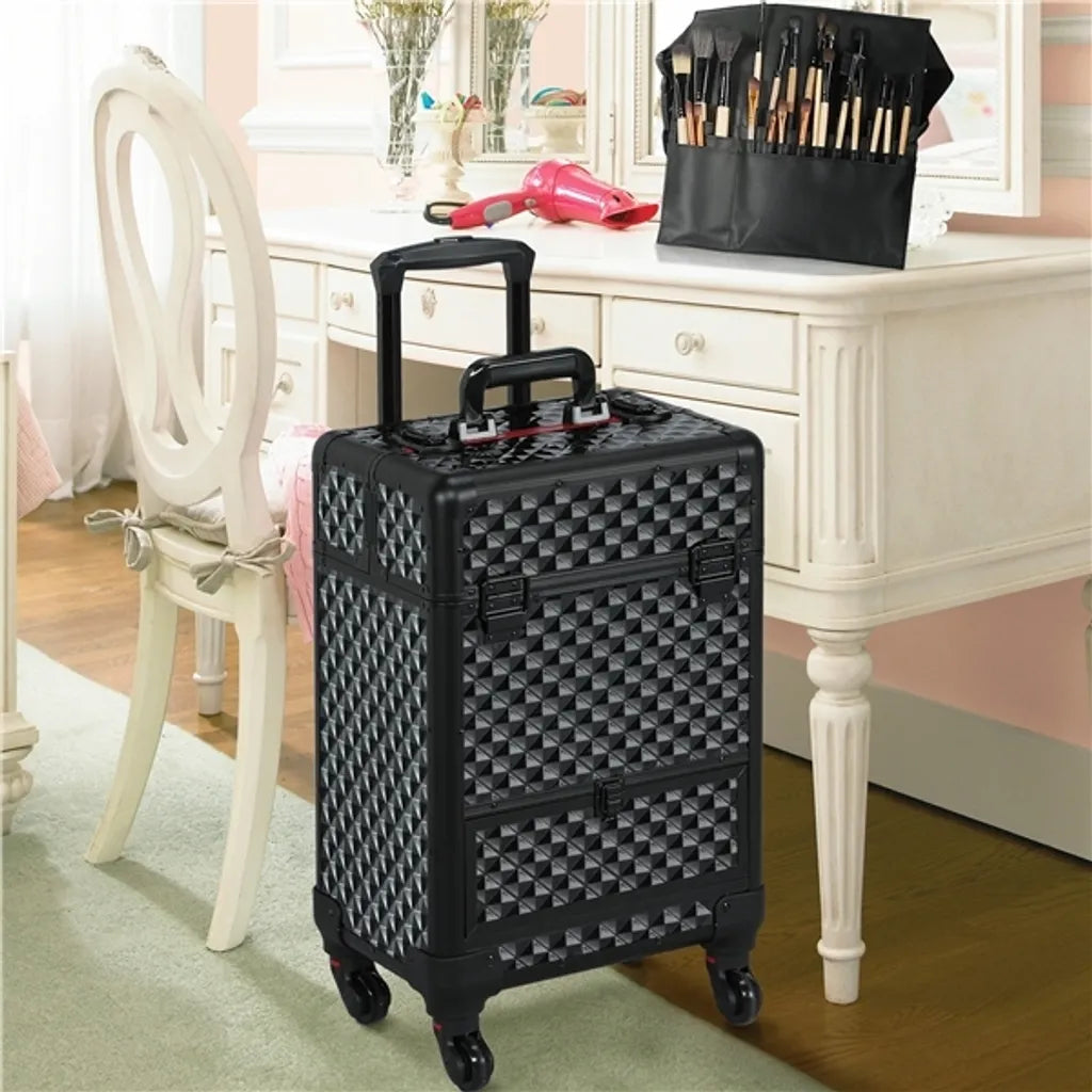 Yaheetech Trolley Make-up Koffer met Lade en Telescoopgreep - Zwart/Zilver - 34,5 x 24,5 x 55,5 cm