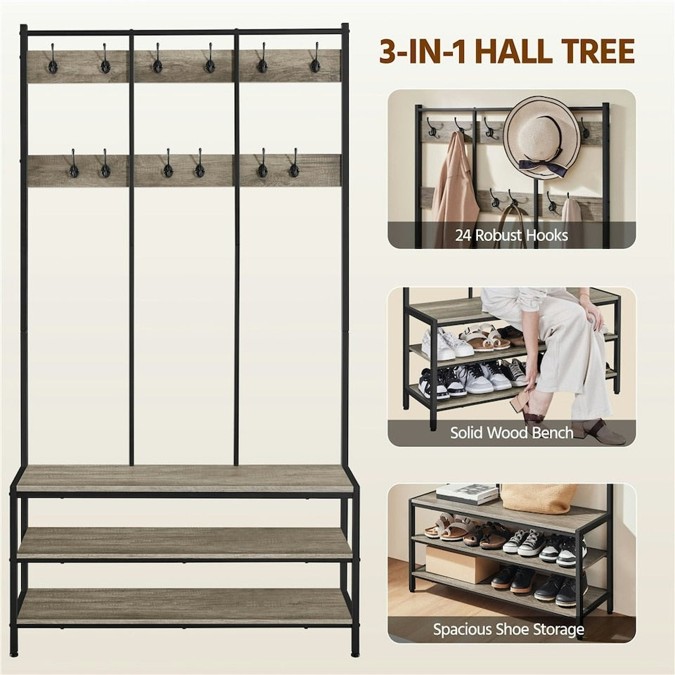Yaheetech Industriële Kapstok met Schoenenrek en Bankje 100 x 35 x 185 cm - Grijs - Halmeubel met 24 Haken