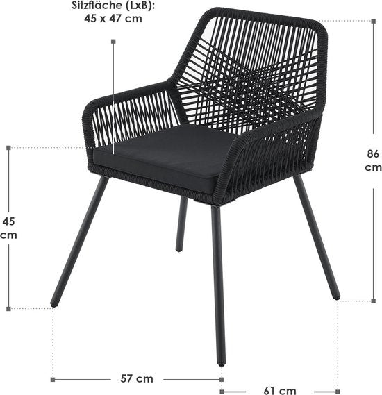 2 Stuks Tuinstoel Kastos met touwgaas - Zwart - Incl. Zitkussen
