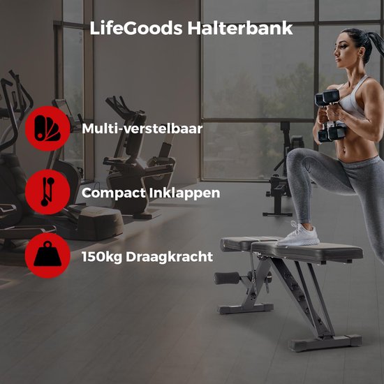LifeGoods Fitness Halterbank - Fitnessbank - Bench Press - Trainingsbank - Verstelbaar - Inklapbaar - Zwart/Grijs