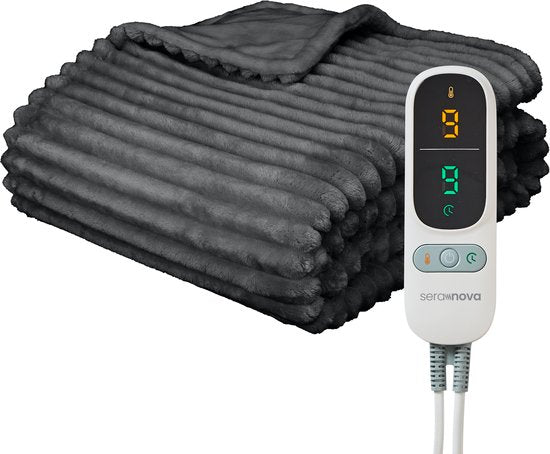 Seranova Elektrische Deken XXL - Extra Warmtedraden - Gestreept Model - 180x160 cm - 2 persoons Warmtedeken - Dubbelzijdig Fleece - Grijs