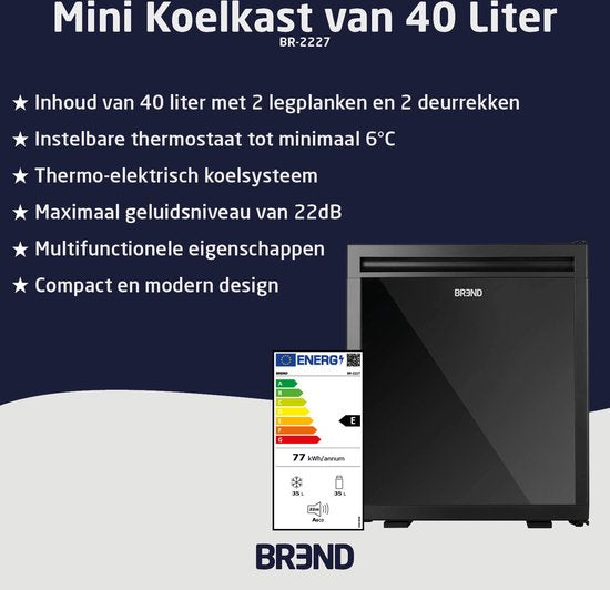 BREND BR-2227 Mini Koelkast 40L – Vrijstaand Tafelmodel Minibar met Instelbare Temperatuur, LED Verlichting & Verstelbare Deur – Zwart