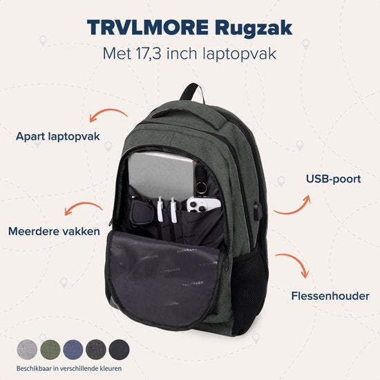 TRVLMORE Rugzak - 36L - 17 inch - Laptop Rugtas - Schooltas - Heren en Dames - Laptoptas - Spatwaterdicht Grijsgroen
