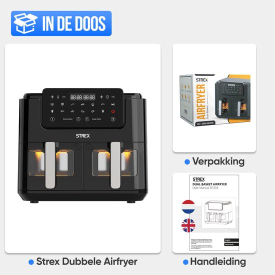 Strex Airfryer XXL - 10L - 2500W - Heteluchtfriteuse - Dubbele Airfryer - 50ºC tot 200ºC - 10 Kookprogramma's - Zwart