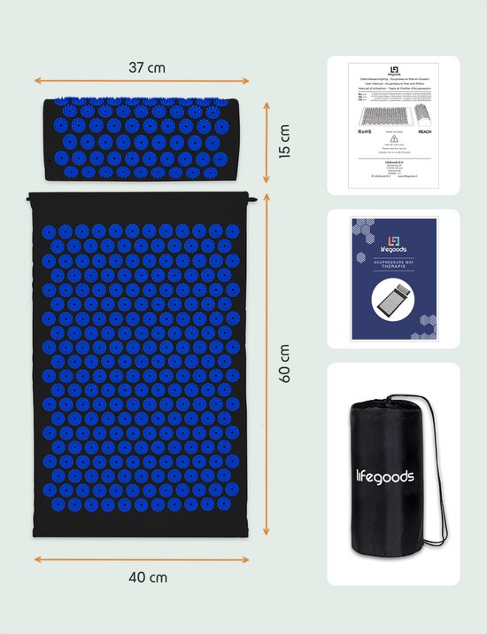 LifeGoods Acupressuur Mat met Kussen - Shakti mat - Spijkermat Incl. 2x Triggerpoint Bal - 60x40x2cm - Zwart/Blauw