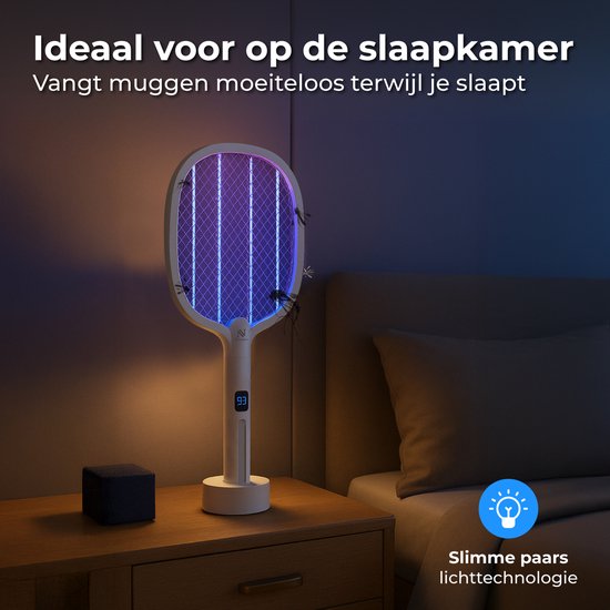 Nuvance Elektrische Vliegenmepper - Usb Oplaadbaar - Muggenlamp - met Display - Muggenstekker - Vliegenvanger - Vliegenlamp - Wit