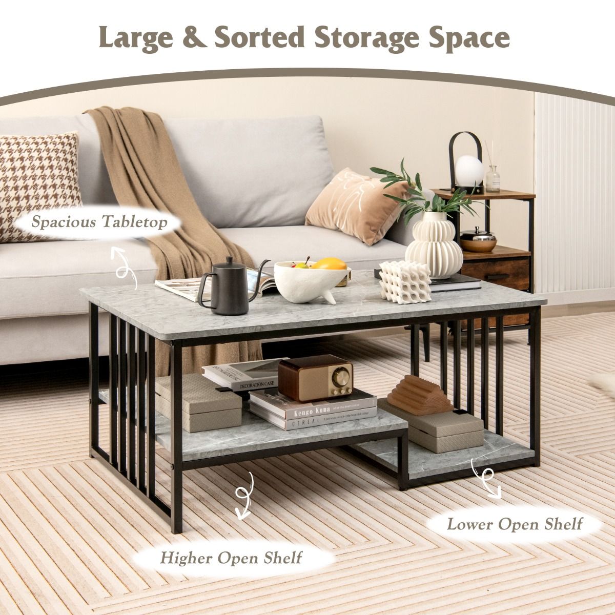 Coast Salontafel - 2-Laags - Marmerlook - Max. 50 kg - 110 x 60 x 45 cm - Grijs / Zwart