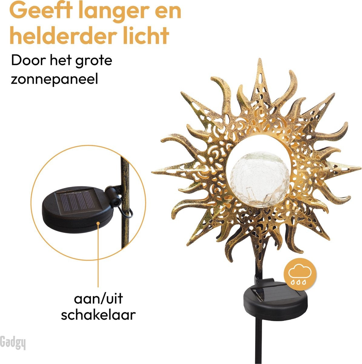 Gadgy Solar Tuinfakkel Zon met grondspies - Tuinsteker Set van 2 st. - Tuinfakkels 103CM Hoog - Tuinverlichting op zonneenergie buiten - Led buitenverlichting met sensor - Brons kleurig Metaal