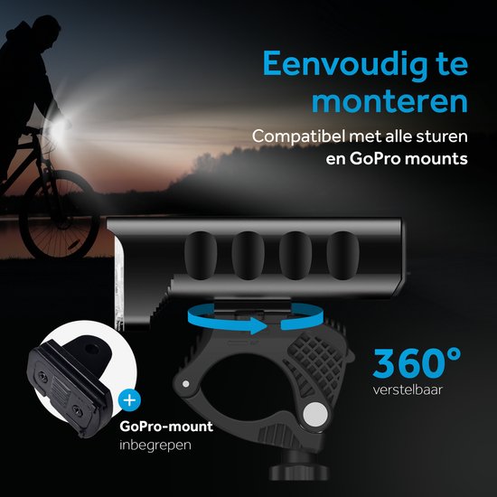 Tikkens LED Fietsverlichting 1600 Lumen - Fietslamp USB Oplaadbaar - Fietsverlichting met Powerbank - Voorlicht MTB & Racefiets Verlichting - Waterdicht Fietslicht
