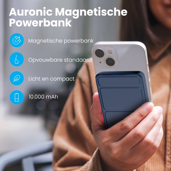 Auronic Powerbank - 10000 mAh - Geschikt voor iPhone 12/13/14/15 en MagSafe - 22.5W - Draadloos opladen - Blauw