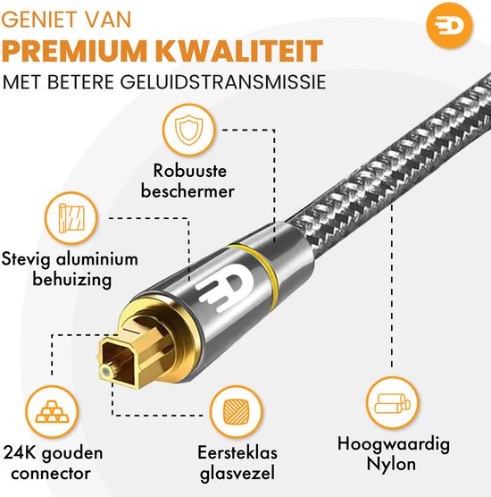 Drivv. Premium Toslink Optische Kabel Nylon - Optische Audiokabel - Optical Audio Kabel - Soundbar - Male to Male - 1 meter - Grijs