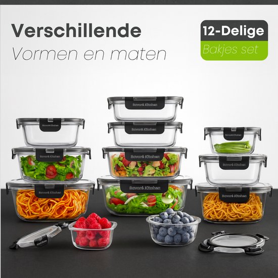 Savoré Kitchen Vershoudbakjes Set - Meal Prep Bakjes - Diepvriesbakjes Glas - Luchtdicht - 12 Stuks