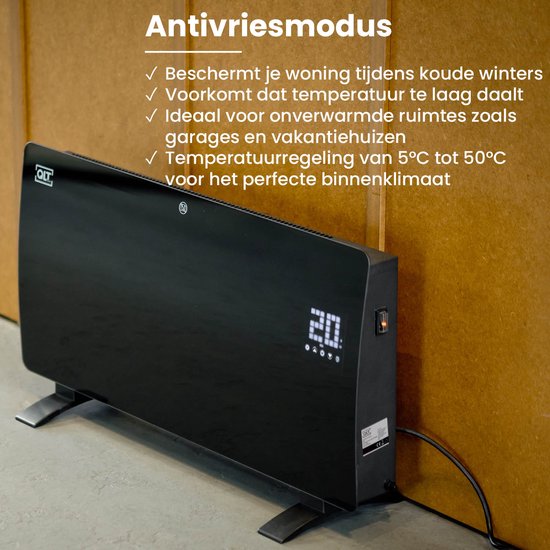 QLT Curved Verwarmingspaneel van Glas – Elektrische Kachel met App Bediening –Badkamer Verwarming met Thermostaat en Antivries – 2000 Watt - Zwart