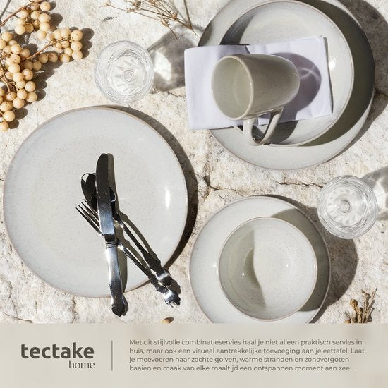tectake® Serviesset Mare - 30-delig - Aardewerk met Glanzend Glazuur - 6 Persoons - Handgemaakt Servies - Moderne Bordenset met Grote en Kleine Borden, Kommen, Schaaltjes en Kopjes - Vaatwasser- en Magnetronbestendig - Zandkleur