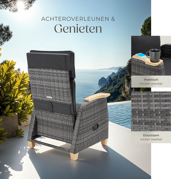 tectake® - Wicker buitenfauteuil - Stoel met hoge rugleuning - Voetsteun en verstelbare rugleuning - Relaxstoel met ligfunctie - Loungemeubel voor tuin - Ligstoel - Leesstoel - Incl. ruimte voor beker/glas