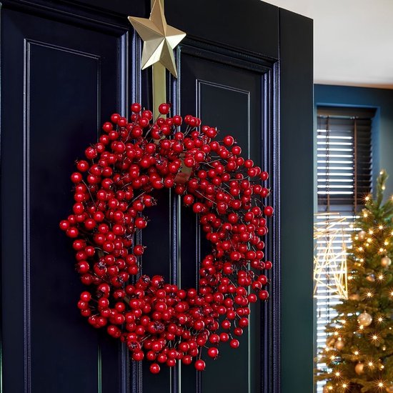 Mica Decorations Kerstversiering met Rode Besjes - Kerstkrans voor de Kerstsfeer in Huis - Ø50 cm van Foam Materiaal - Deurkrans voor Binnenshuis in de Kerstperiode - Rood