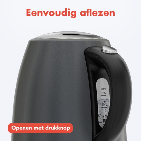 KitchenBrothers Waterkoker - Elektrisch - 1 Liter - Klein Camping Formaat - Reiswaterkoker met Kalkfilter - Titanium Grijs/RVS