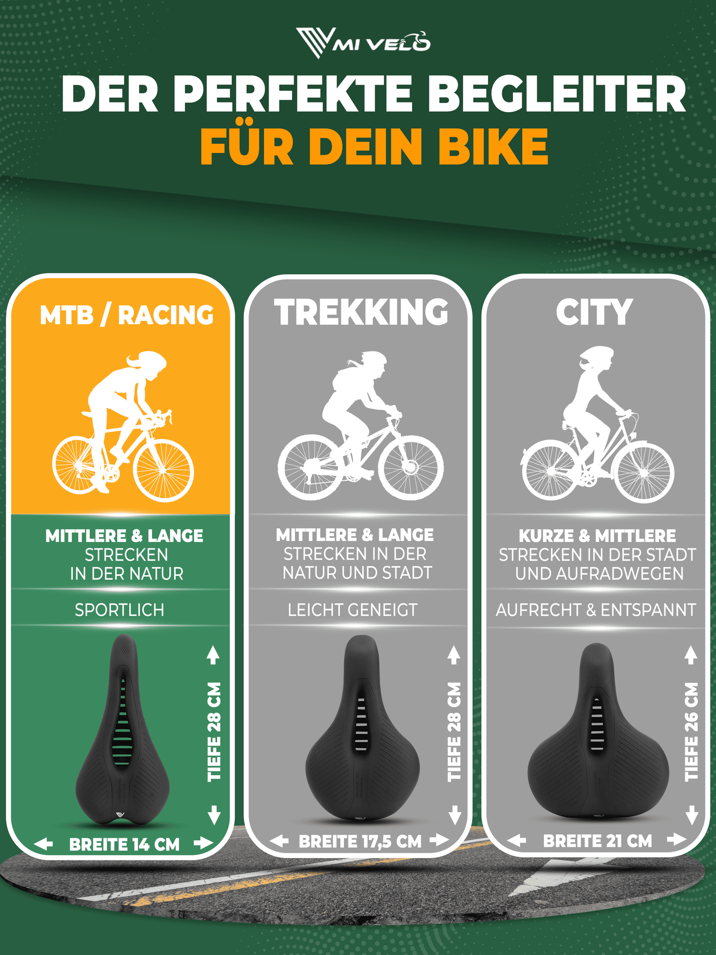 MIVELO Comfort Pro MTB Fietszadel – Ergonomisch – Memory Foam – Waterdicht – 28 x 14 cm – Zwart
