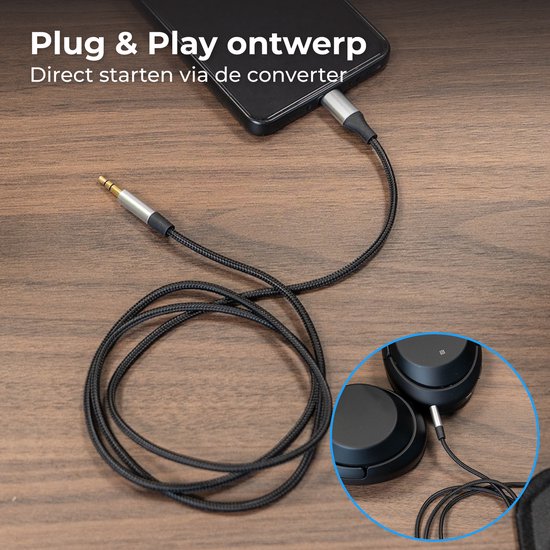 Nuvance AUX naar USB C - AUX Kabel USB C - 1 Meter - USB C naar AUX - Gevlochten Nylon - USB C AUX - USB C naar Jack