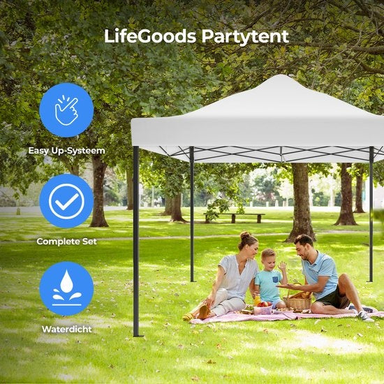 LifeGoods Partytent - Paviljoen - EasyUp - Opvouwbaar - Waterdicht - Met Draagtas met wieltjes - 440 x 297 cm - Wit