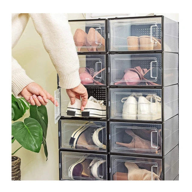 Songmics Opvouwbare Schoenendozen 18 stuks - 33,3 x 23 x 14 cm – Zwarte Kunststof Opbergboxen Met Deurtje