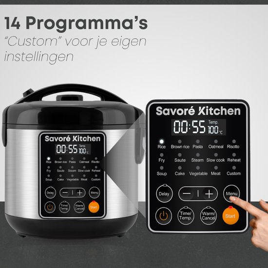 Savoré Kitchen Rijstkoker met Stomer – 3L – 14 Programma’s – Multicooker – Rice Cooker – Slowcooker – PFAS Vrij – Zwart RVS