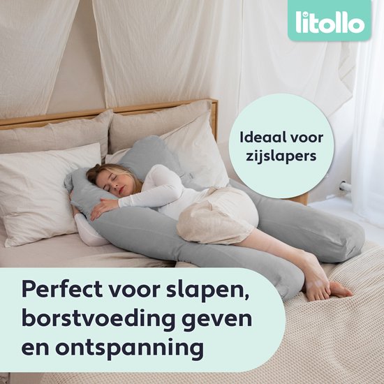 Litollo® Zwangerschapskussen XXL - Voedingskussen - Lichaamskussen - Body pillow - 280cm - Afneembare hoes - Grijs
