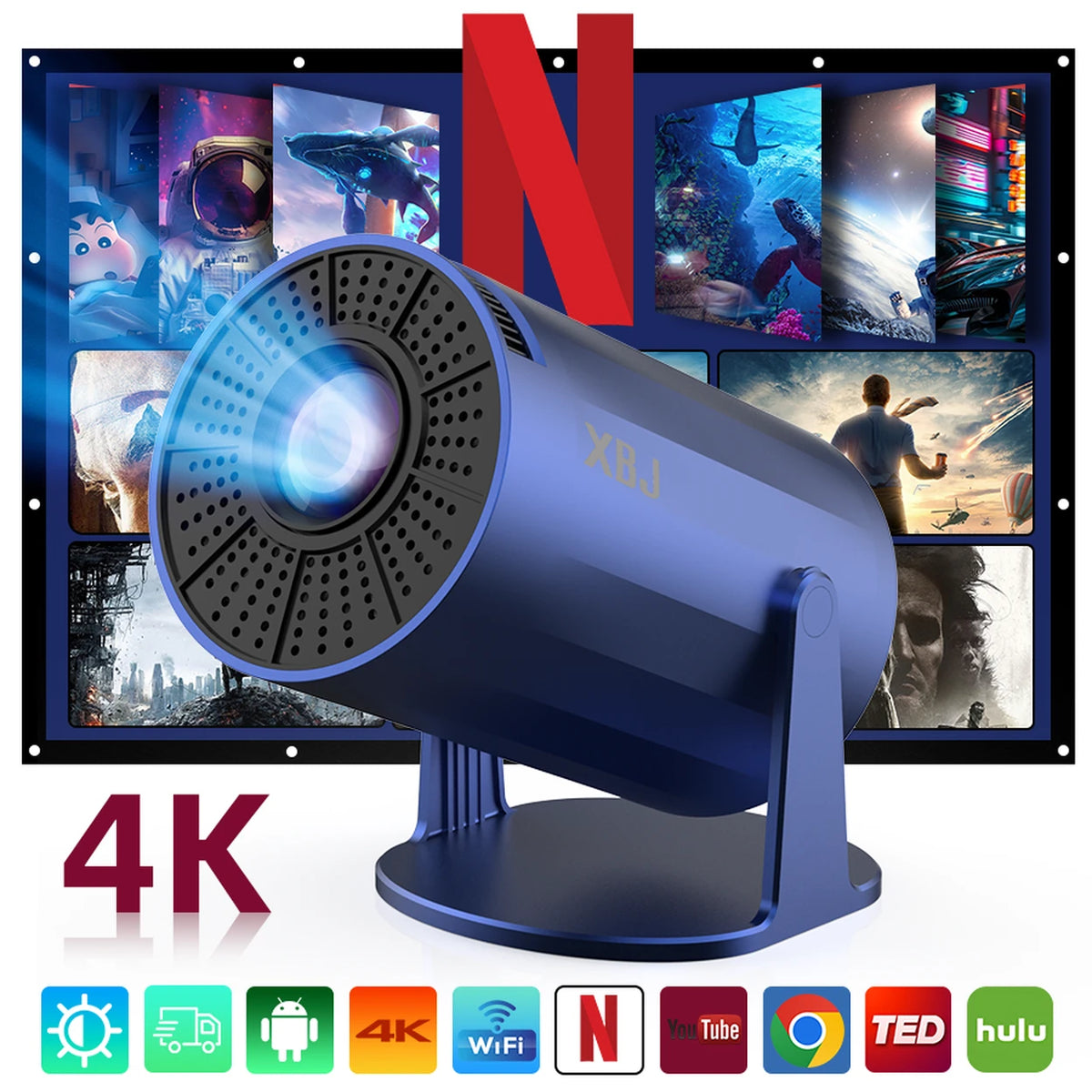 XBJ Draagbare Mini Beamer - Blauw - Android 11 - WiFi 6 & Bluetooth 5.2 - 200 ANSI - 180° Draaibaar - Beeld 40 tot 200 Inch - 14 x 11,9 x 21,8 cm