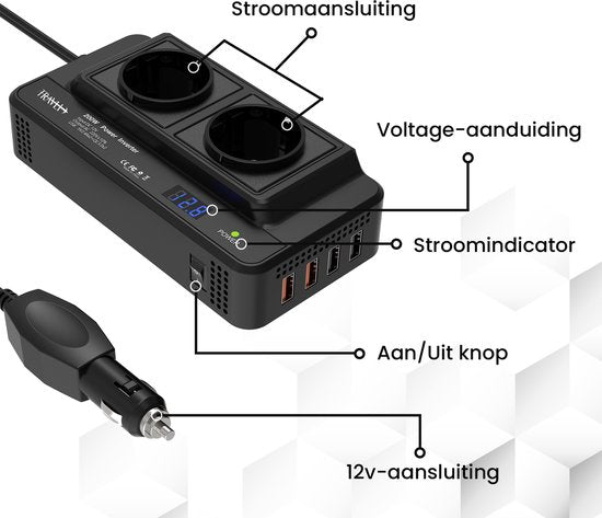 Travli Omvormer 12v 230v - Autolader - Draagbare omvormer - 2x 230V stopcontact – 4x 5V usb oplaadpoorten