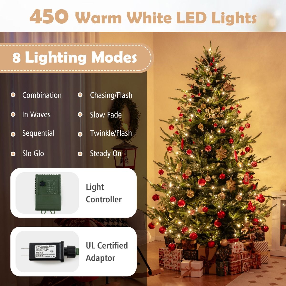 Coast Kunstkerstboom 240 cm Groen – Scharnierend – Voorverlicht met 450 Warm Witte LED’s – Vol & Realistisch – Met Metalen Standaard
