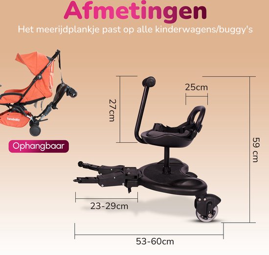 HeppieBabie Universeel Meerijdplankje Deluxe - Met Zitje - Voor Kinderwagen/Buggy - Buggy Board - Met Ebook