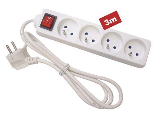 Perel Stekkerdoos met schakelaar, 4 stopcontacten met penaarde (type E), kabel 3 m, 3G1.5, gebruik binnenshuis, wit