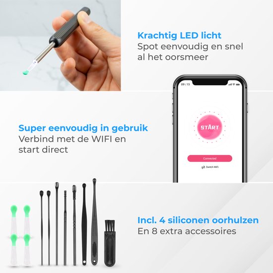 Nuvance - Oorsmeer Verwijderaar met Camera App - Oorreiniger - Oor Schoonmaken Set - Oorspuit - Earscratcher - Incl. Reinigingsset