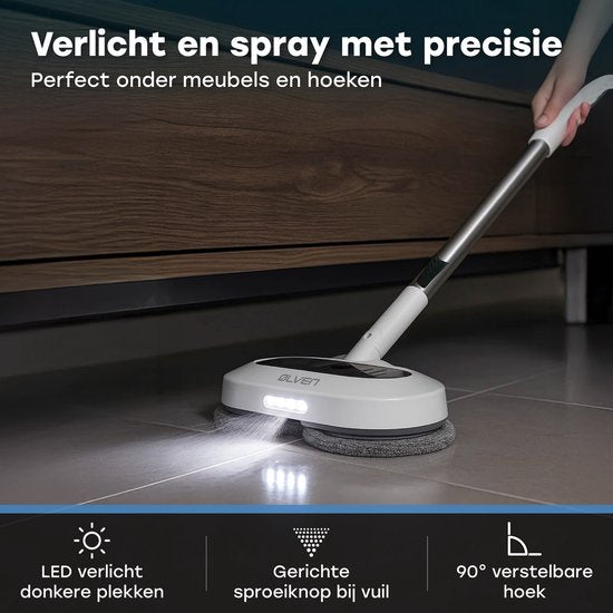 Ølven Elektrische Dweil - Draadloos - Dweilsysteem - Vloerreiniger - Sprayfunctie - LED Verlichting - 50W - Verstelbaar - Wit