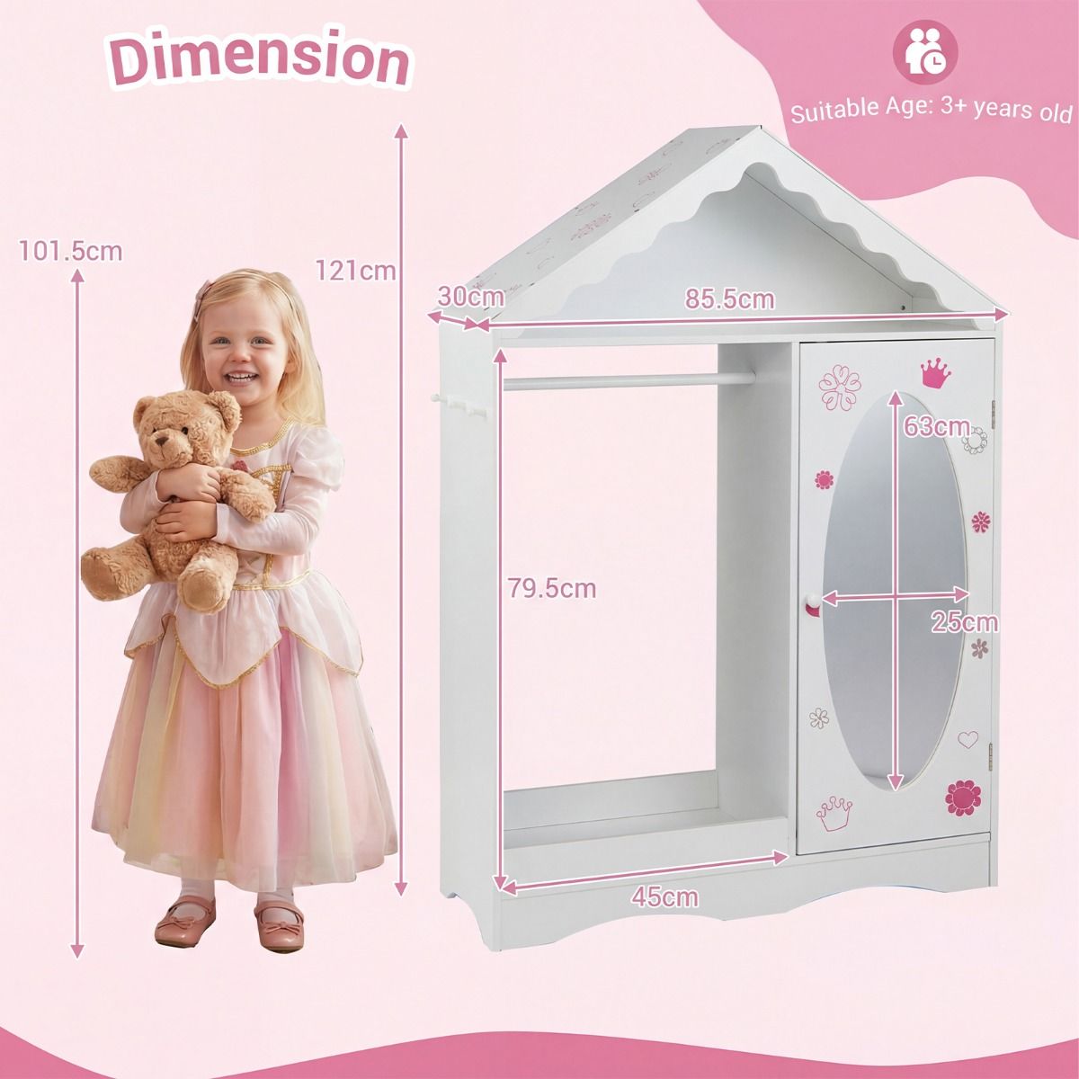 Coast kinderkledingkast met spiegel - dakvormig ontwerp - open kledingstang en planken - wit