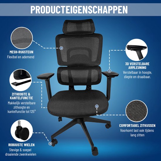 ArtGlobal® Ergonomische bureaustoel - verstelbaar - lendensteun - 125° kantelbaar
