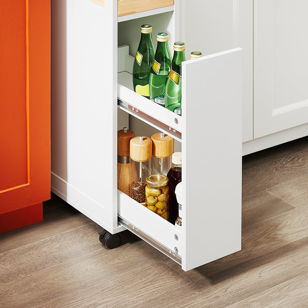 SoBuy NSR11-WN Smalle Rollende Plankenkast van Hout 20x51x79 cm - Praktische Keuken- en Badkamerwagen op Wieltjes in Wit Natuurhoutlook