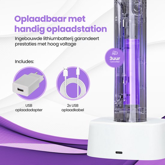 TTD® Premium Elektrische Vliegenmepper en Muggenlamp Oplaadbaar met XXL 2 Meter Oplaadkabel en LCD Scherm - 2 Standen Vliegenmepper en Muggenlamp - 2500 Volt - Oplaadbaar via USB en Stopcontact - Met Veiligheidsnet - UV-Licht - Vliegenvanger