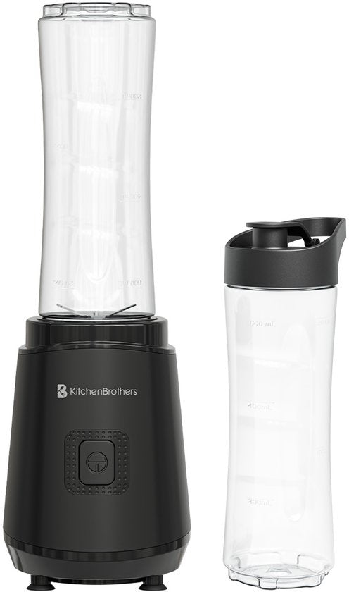 KitchenBrothers Mini Blender - Blender to Go - Smoothie Maker - 2 To-Go Bekers 600 ml - Zwart